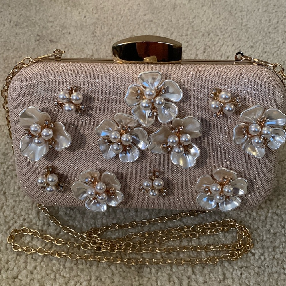 Embellished Evening Bag In Pink & Gold With Pearls,Rhinestones,Pearlized Flowers